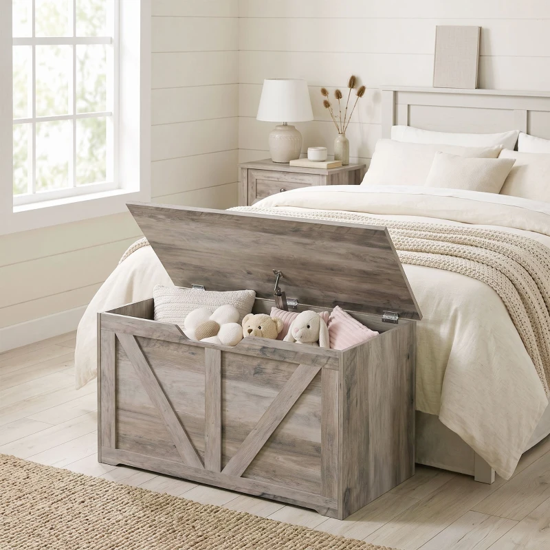 HOMCOM Coffre de rangement, banc de rangement avec couvercle rabattable et charnières de sécurité, 80 x 40 x 45 cm, gris
