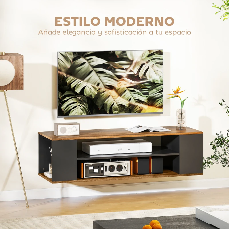 HOMCOM Mueble de TV Suspendido o de Pie con Ruedas 4 Estantes para Televisión de 55 Pulgadas 120x40x38,5 cm Nogal y Negro