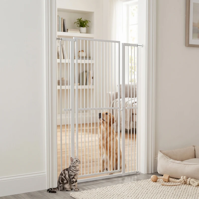PawHut Barrera para Perros Extra Alta con Ancho Ajustable 77-104 cm Puerta para Perros con Extensiones y Puerta de Paso Blanco