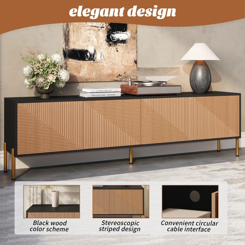 Spacious TV Cabinet with 4-Door Concealed Storage, Practical TV Stand for Dining Rooms and Living Rooms, 179L x 35W x 53.5H cm, Black+Wood