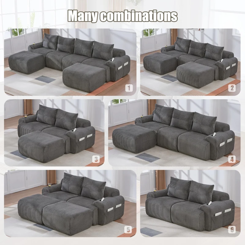 Corduroy L-Shaped Sectional Sofa with Integrated Cup Holders, 3-Seater Modular Cord Sofa for Living Rooms, 268L x 174W x 80H cm, Dark Gray