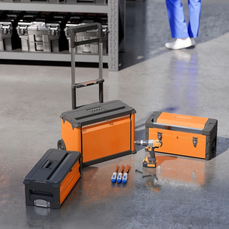 HOMCOM Caja de Herramientas con Ruedas Apilable Carro de Herramientas de Acero con Bandeja Mango Telescópico Naranja y Negro