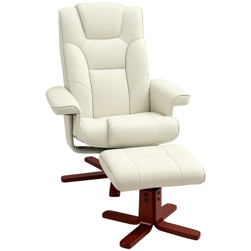 HOMCOM Sillón Reclinable con Reposapiés y Estructura de Madera Carga 150 kg Butaca para Dormitorio Crema