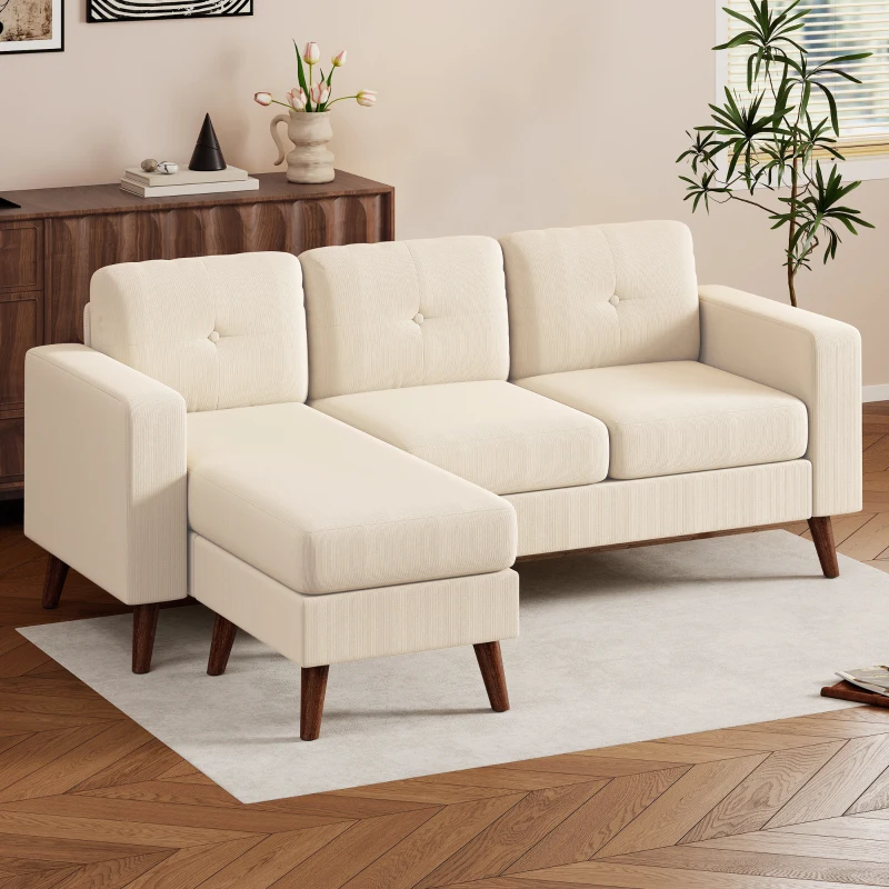 HOMCOM Sofá Chaise Longue Reversível de 3 Lugares Estofado em Veludo Estrutura de Aço Para Salas Pequenas Creme