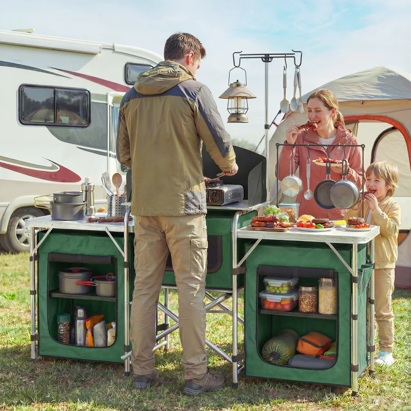 Outsunny Mueble de Cocina para Camping Plegable con 3 Mesas 4 Ganchos Poste de Luz y Bolsa de Transporte 172x48x130 cm Verde