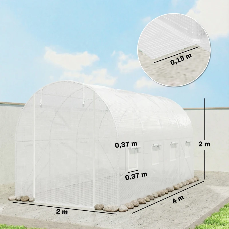 Outsunny Gewächshausfolie 4 x 2 m, wasserdicht Gartenfolie mit Tür, 8 Fenster, UV Schutz, Reißfest Polyethylen NUR Folie Weiß