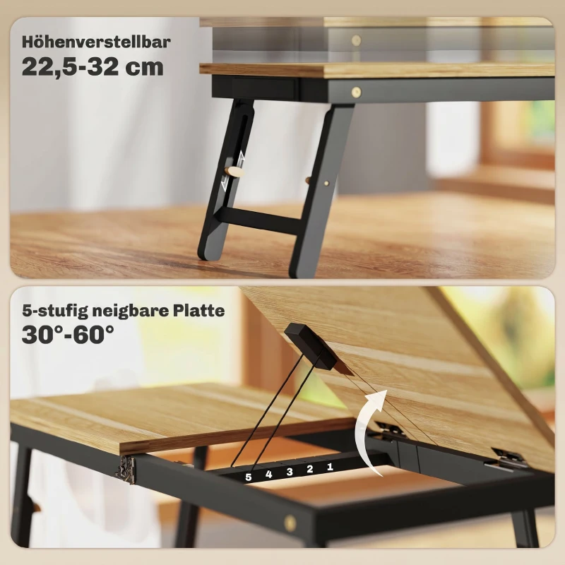 HOMCOM Betttisch, Laptoptisch Höhenverstellbar mit Schublade, Klappbar für Sofa Arbeiten Bett, Eiche