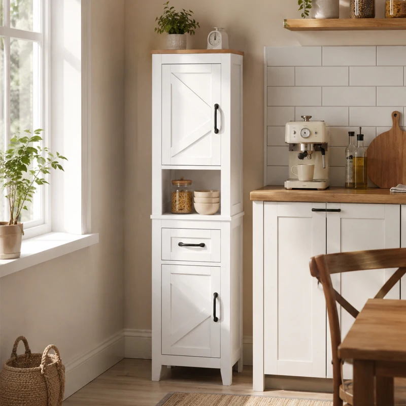 HOMCOM Armario de Baño Alto y Estrecho Rústico con Cajón Estante Abierto Puertas y Estantes Ajustables 34,5x30x148 cm Blanco