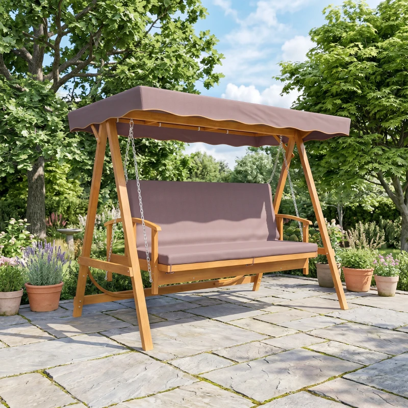 Outsunny Hollywoodschaukel mit Sonnendach, Echtholz-Gartenschaukel, Schaukelbank mit Liege-Funktion, für 3 Personen, Braun(m-10)