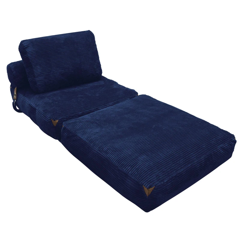 3-in-1 Convertible Corduroy Floor Sofa Bed with Side Pockets, Oversized Chaise Lounge for Bedrooms or Student Dorms, 87L x 86W x 40H cm, Blue