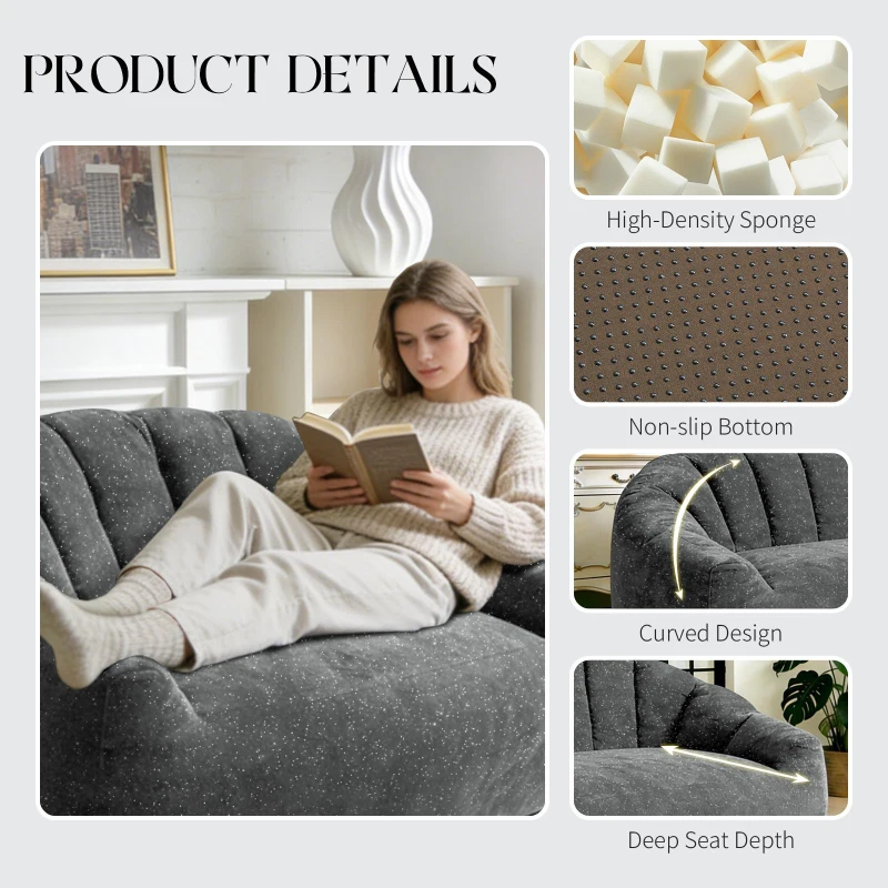Oversized 2 Seater Bean Bag Sofa with High-Density Sponge, Glitter Plush Floor Couch with for Bedroom or Living Room, 140L x 98W x 61H cm, Gray