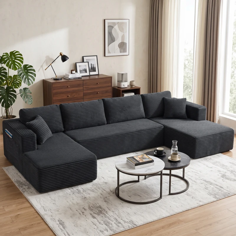 HOMCOM Canapea modulară în U cu 2 chaiselongue, canapea extensibilă tip cord cu spumă de înaltă densitate și șezut cu arcuri, Gri închis