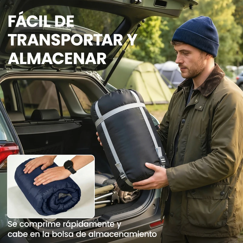 Outsunny Saco de Dormir Doble para Adultos Tamaño Queen para 2 Personas con 2 Almohadas y Bolsa Transporte Azul Oscuro