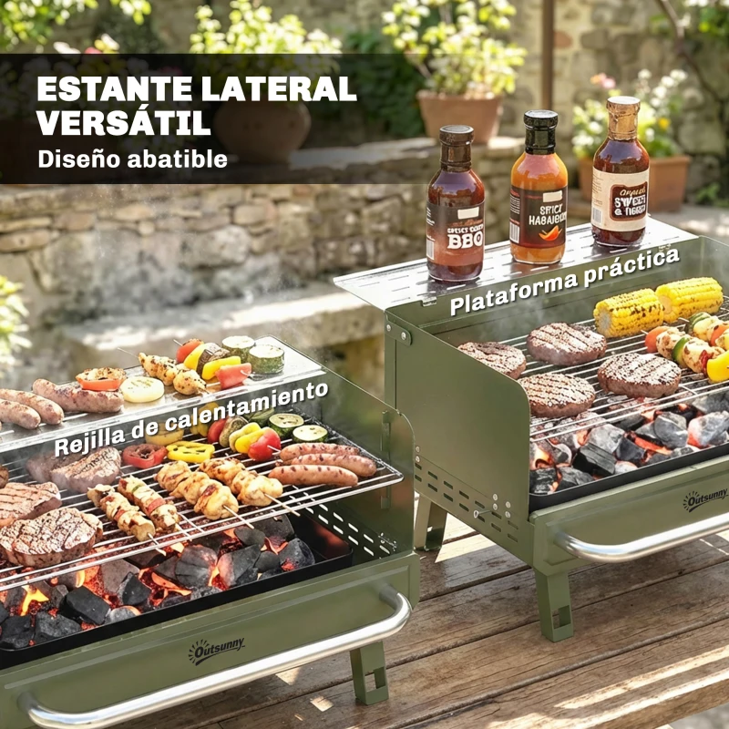 Outsunny Barbacoa de Carbón Plegable 52x37x31,8 cm con Rejilla Ajustable Estante Lateral Plegable y Bandeja Extraíble Verde