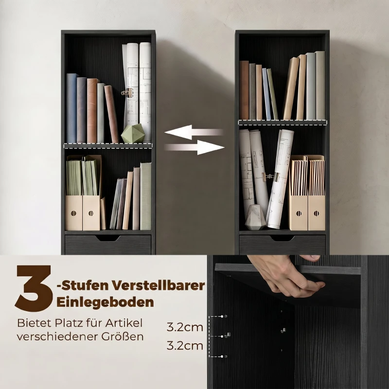 HOMCOM 6-Fach Bücherregal mit Schublade und verstellbarem Fach, freistehender Aufbewahrungsschrank, 30 x 24 x 158 cm, Schwarz