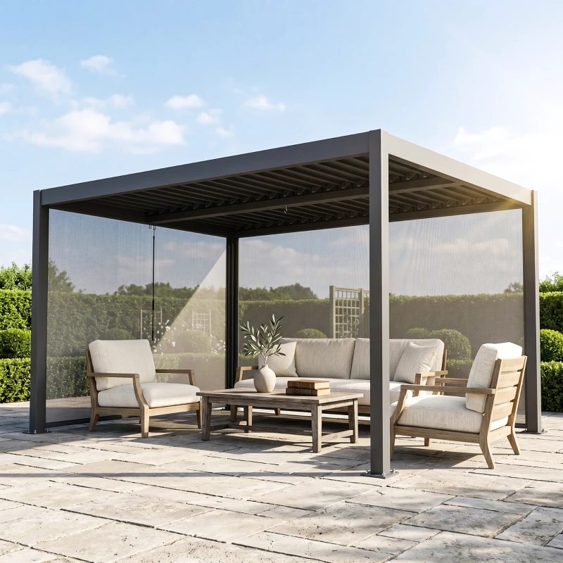 Outsunny Pergola bioclimatique 4x3m, pergola aluminium avec lames orientables, manivelle, stores latéraux coupe-vent, gris foncé