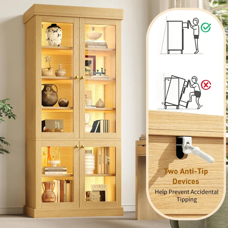 Modern Freestanding Display Cabinet with Height-Adjustable Shelves, LED Lighted Tall Showcase for Industrial Interiors, 80L x 40W x 180H cm, Natural