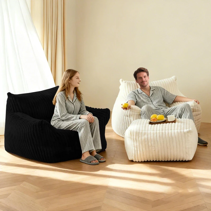 Ergonomic Lazy Sofa with High-Density Shredded Foam, Corduroy Bean Bag Chair for Balcony or Guest Room, 103L x 90W x 70H cm, Black