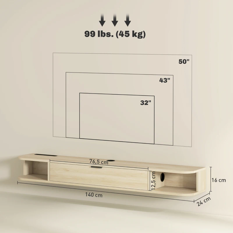 HOMCOM Meuble TV suspendu, meuble télé pour téléviseur jusqu'à 60 pouces, tiroir rabattable 2 étagères 140x24x16cm bois naturel