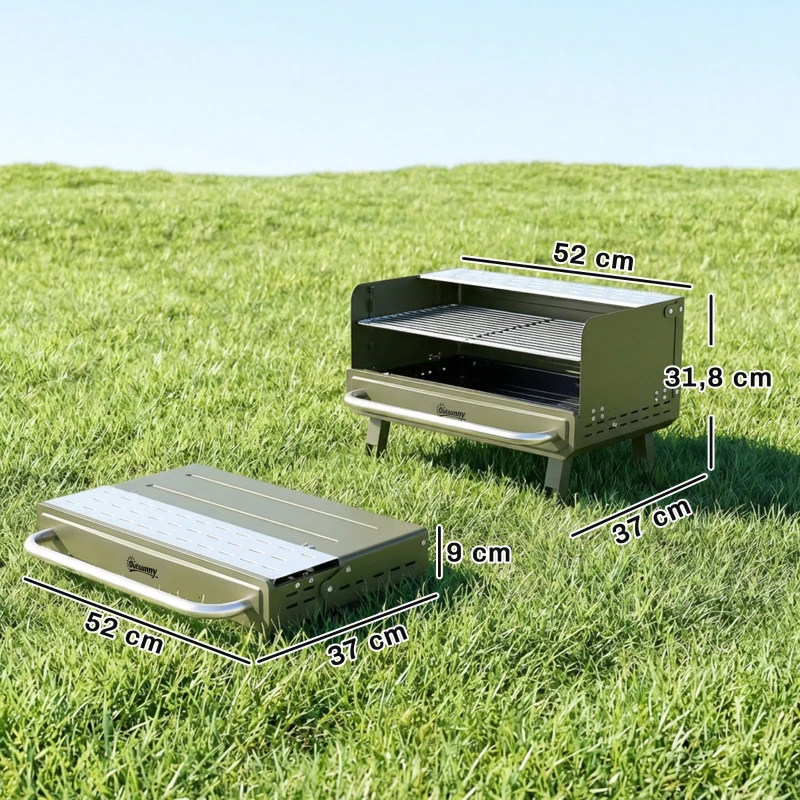 Outsunny Barbacoa de Carbón Plegable 52x37x31,8 cm con Rejilla Ajustable Estante Lateral Plegable y Bandeja Extraíble Verde