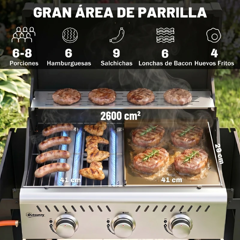 Outsunny Barbacoa de Gas con 3 Quemadores 7,5 kW Termómetro Parrilla Plancha Mesas Laterales Armario Ruedas 125x57x110 cm Negro