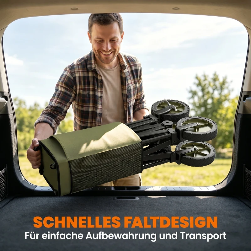 Outsunny Bollerwagen, klappbar, 5 Seitentaschen, einziehbare Griff, bis 120 kg belastbar, Stahl, 108 x 55 x 93 cm, Grün