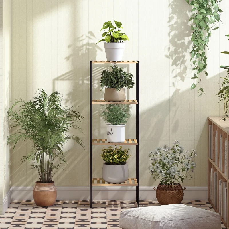 HOMCOM Vrijstaand opbergrek badkamerrek van bamboe en staal, met 4 planken, 4-laags boekenrek, 36,5 x 33 x 110 cm, natuur