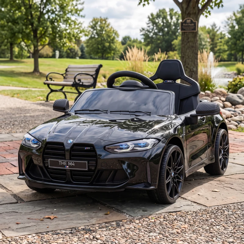 AIYAPLAY Coche de Batería para Niños 12V BMW M4 con Mando a Distancia Faros Bocina Música Velocidad 3-5 km/h Negro