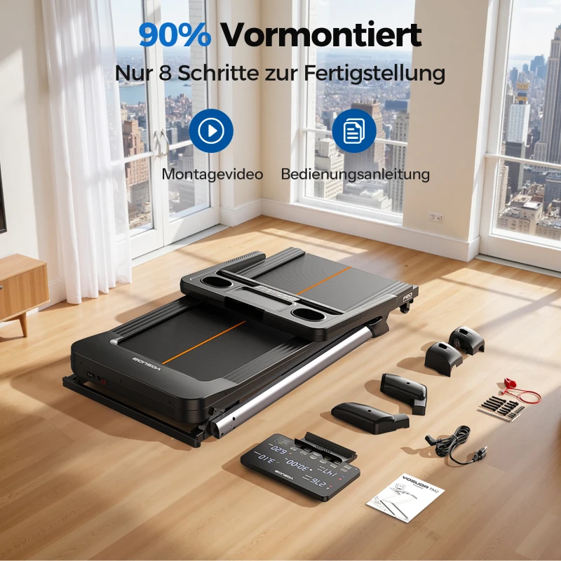 Tapis de course pliable, système de pliage pneumatique à une main, 4 coussins élastiques, 145x89x130 cm, Noir