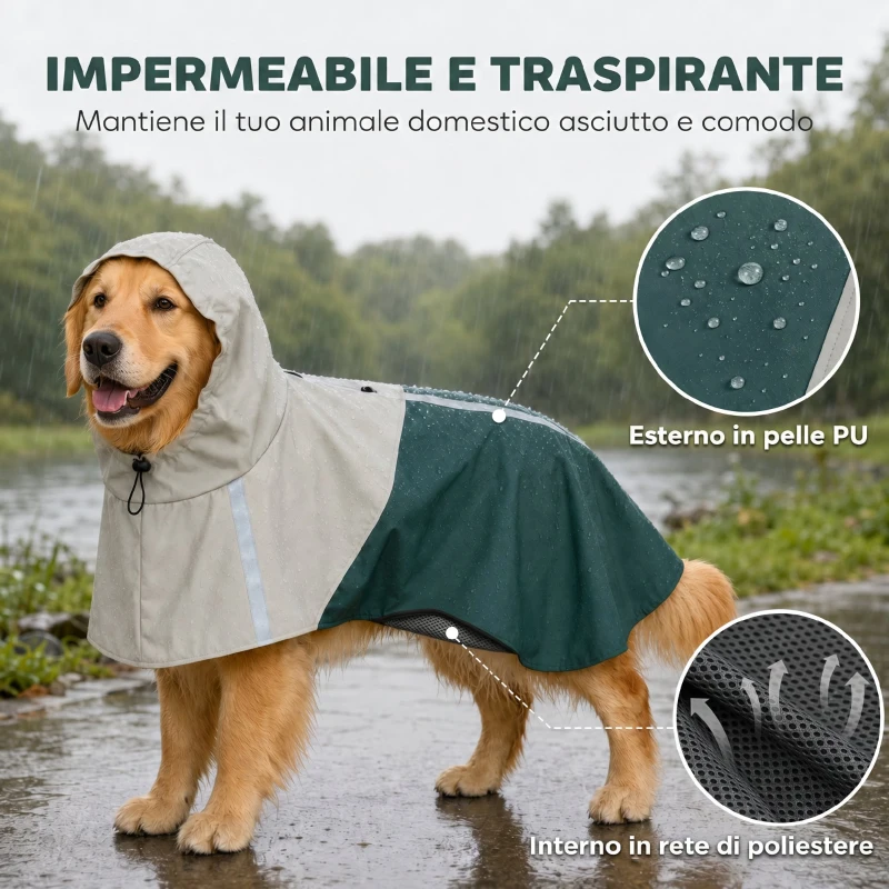 PawHut Impermeabile per Cani con Cappuccio, Foro per Guinzaglio e Strisce Riflettenti, per Cani di Taglia Grande, Verde