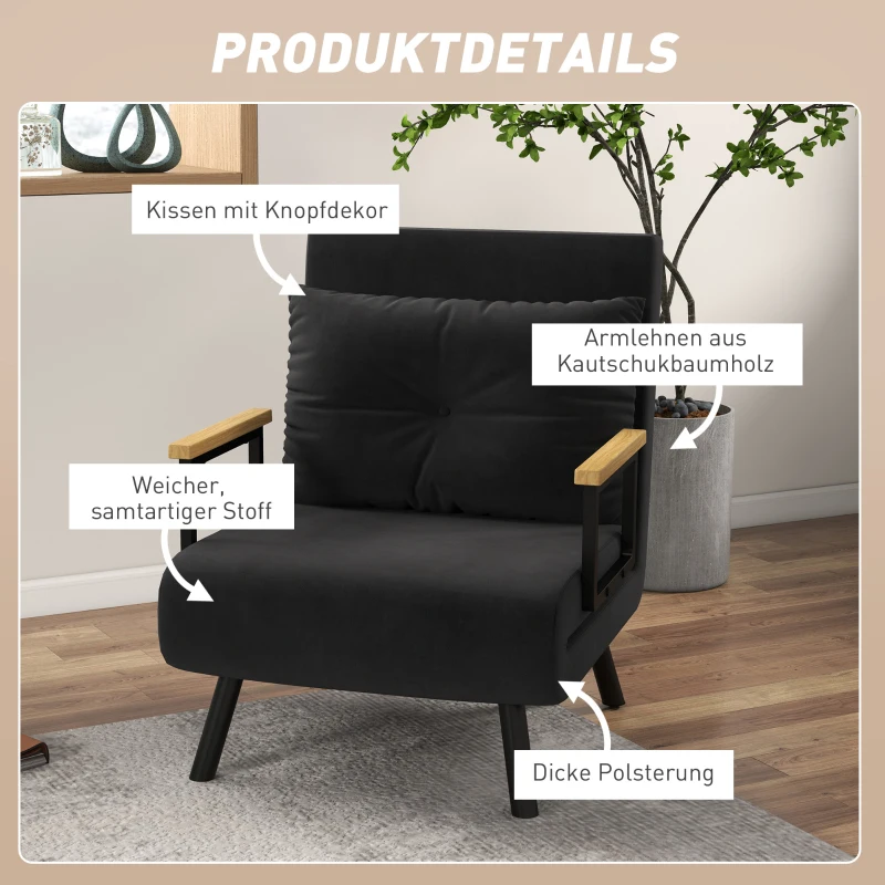 HOMCOM Relaxfauteuil in Scandinavisch design, ligfauteuil, leesfauteuil. incl. kussen met knoophechting, Zwart