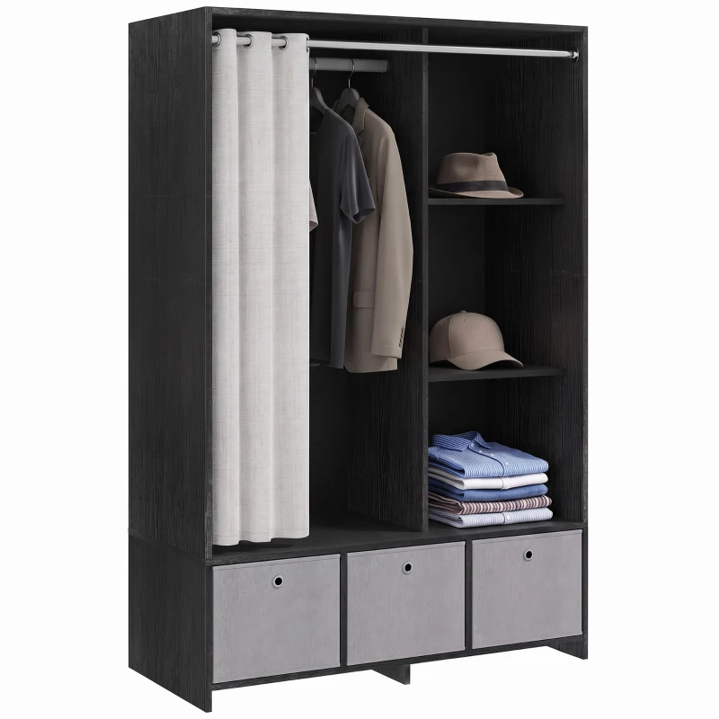 HOMCOM Armoire penderie armoire de rangement avec tringle rideaux 3 niches et 3 tiroirs en tissu amovibles 105 x 48 x 160 cm