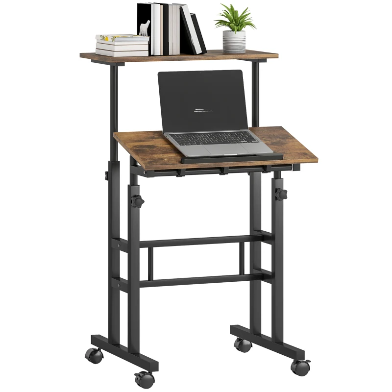 HOMCOM Bureau verstelbaar keukentafel met plank, wielen, computertafel Rustiek Braun 60 x 60 x 70,5-120 cm(m-11)