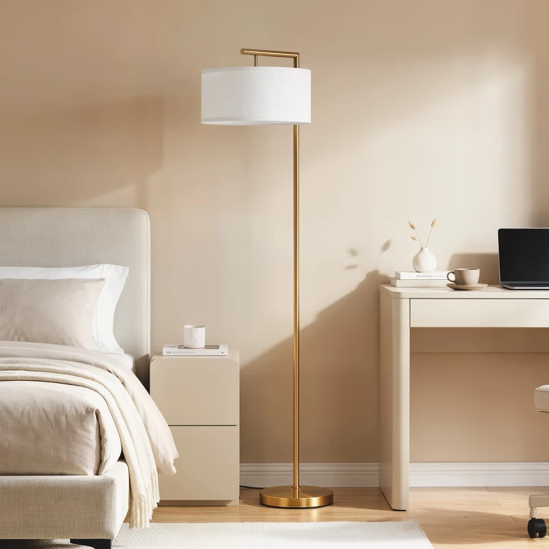 HOMCOM Lampada da Terra Moderna in Metallo e Paralume in Tessuto, Lampada da Lettura E27 47x37x153cm, Oro e Bianco