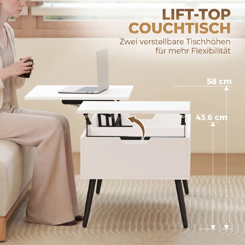 HOMCOM Couchtisch Höhenverstellbar Wohnzimmertisch mit Verstecktem Stauraum für Wohnzimmer, 50 x 100 cm, Weiß