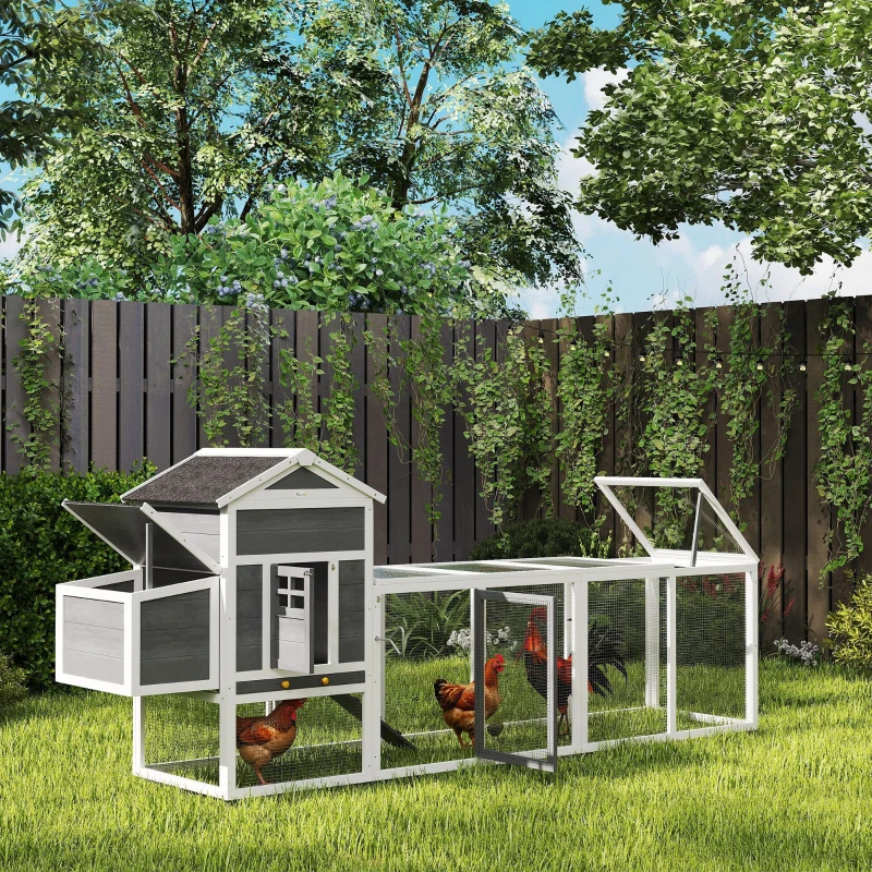 PawHut Gallinero de Madera Grande para 3-6 Gallinas con Techo Asfáltico Nido y Bandeja Extraíble 297,5x68x118 cm Blanco y Gris