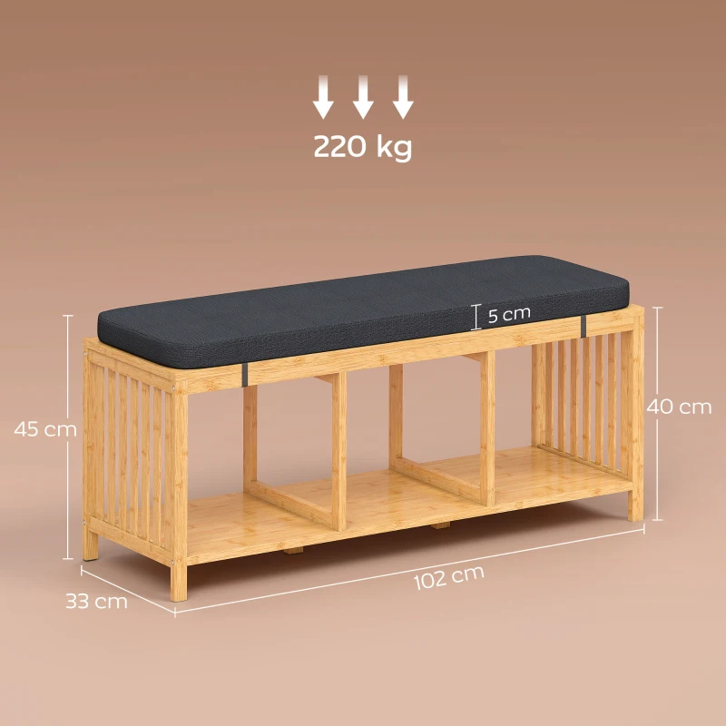 HOMCOM Bamboe Schoenenbank, Halbank met Gewatteerd Zitkussen en Open Vakken, Naturel Houtlook