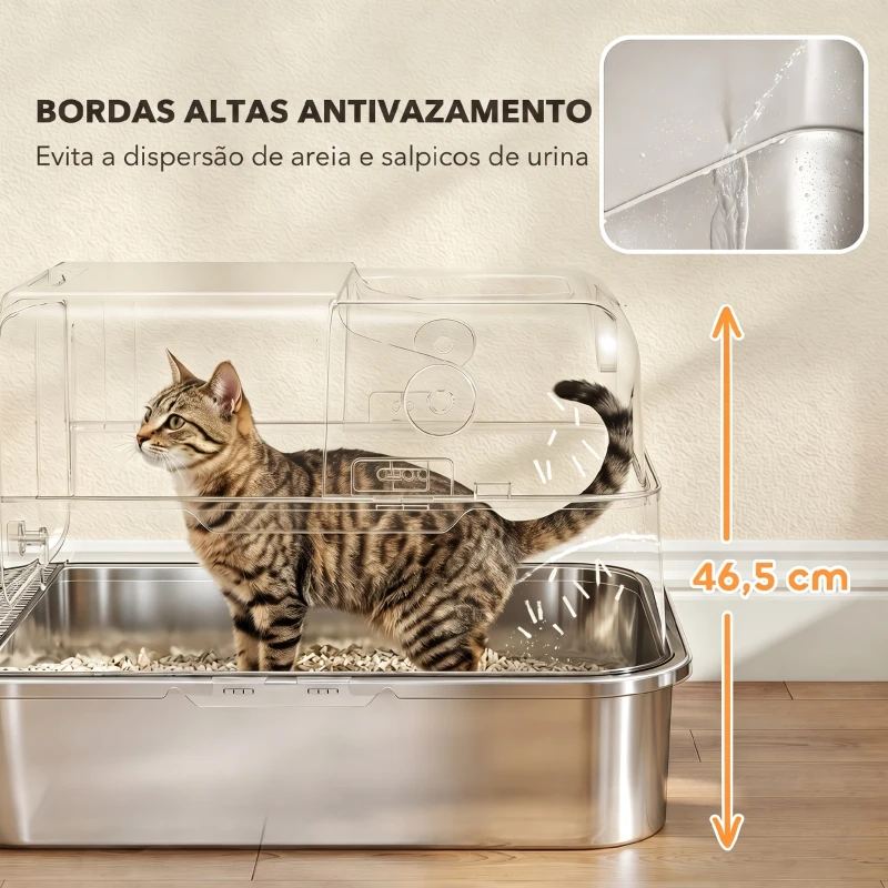 PawHut Caixa de Areia para Gatos em Aço Inoxidável para Gatos Grandes com Tampa Basculante Laterais Altas 70x50x46,5 cm Cinzento