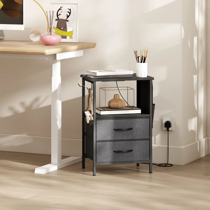 HOMCOM Salontafel/zijtafel met laadstation, stalen frame, USB-C-porten, lades, haken, 40cm x 30cm x 60cm Zwart