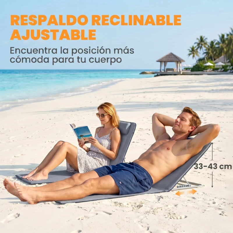 Outsunny Conjunto de 2 Esterillas con Respaldo Reclinable Reposacabezas y Bolsa de Transporte 134x48x33-43 cm Gris