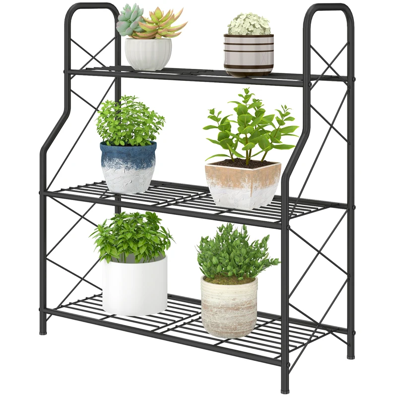 Outsunny Soporte para Plantas de 3 Niveles Estantería Metálica Resistente para Interior y Exterior 69x28,5x78 cm Negro