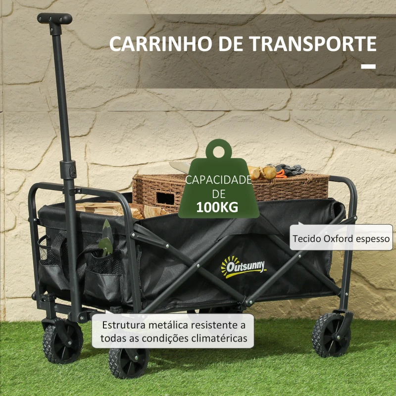 Outsunny Carrinho de Transporte com Rodas Carrinho de Jardim Dobrável com Pega Telescópica Ajustável 2 Bolsas de Arrumação 64x42x27 cm Preto