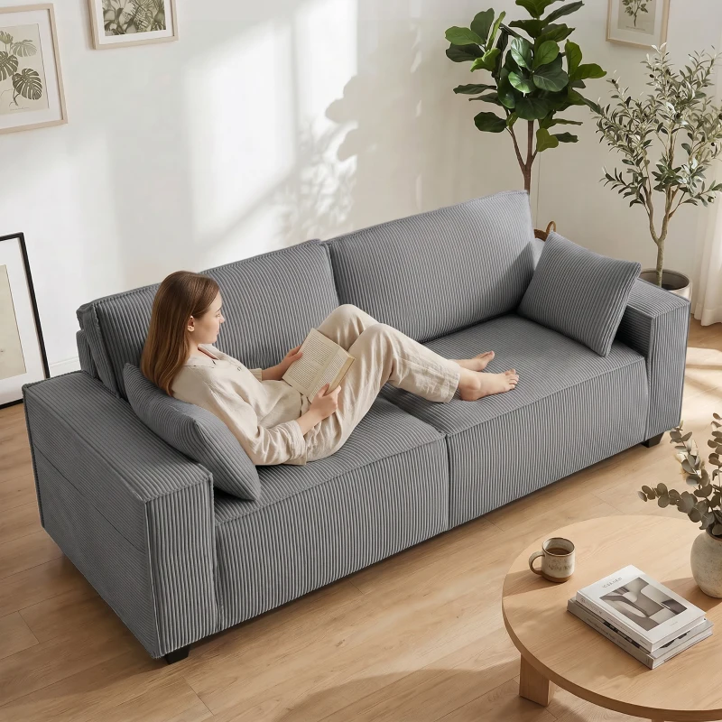HOMCOM 218 cm 3-Sitzer Sofa, modernes Cord-Sofa mit Taschenfeder-Polsterung, breiten Armlehnen und 2 Kissen, hellgrau