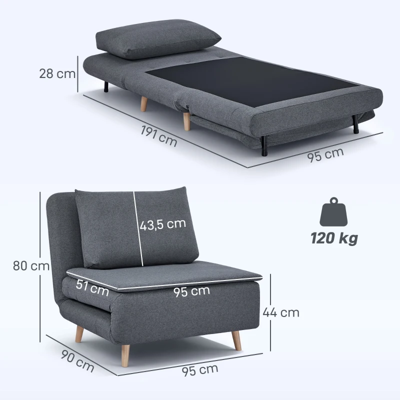 HOMCOM 3-in-1 slaapfauteuil met bedfunctie, ligfauteuil, verstelbare rugleuning, beukenhouten poten, kussen, grijs