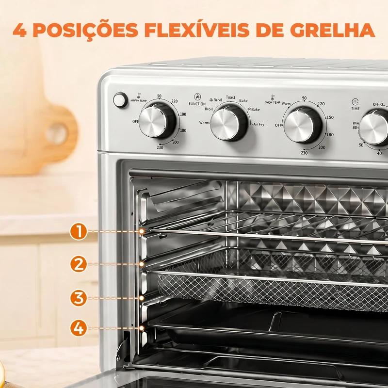 HOMCOM Forno Elétrico de Bancada 30 L 1600 W com Air Fryer, 7 Funções e Temporizador, 43x39x39 cm, Prateado