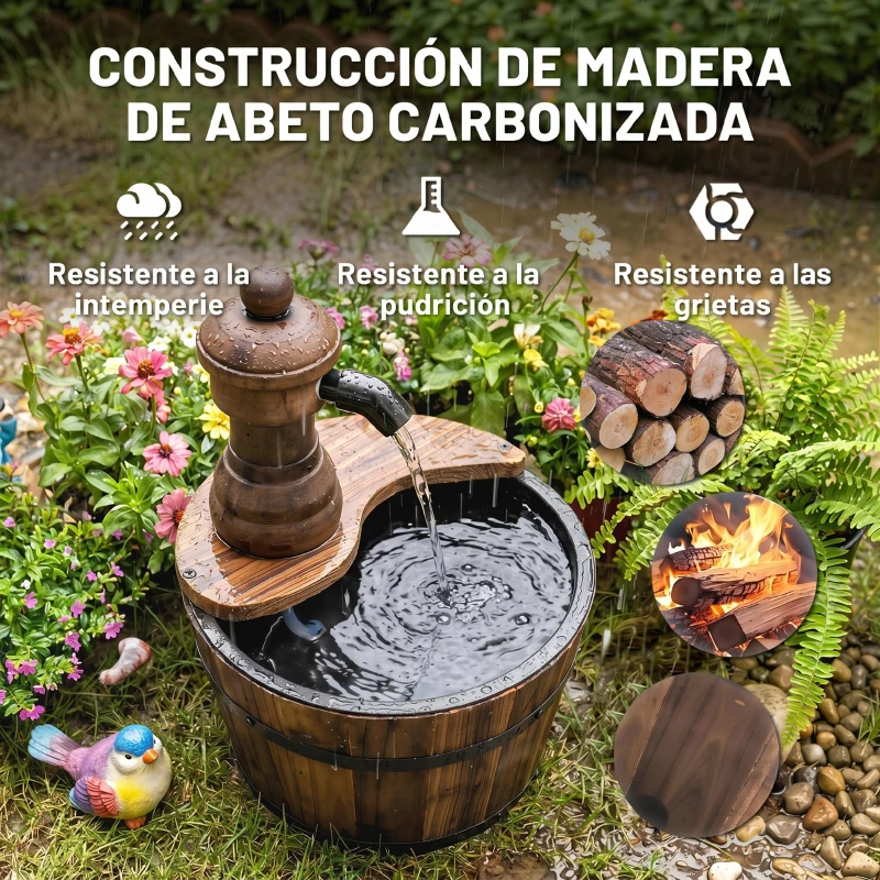 Outsunny Fuente de Jardín de Madera en Cascada con Bomba Eléctrica y Salida de Agua Ajustable 27x27x37 cm Natural