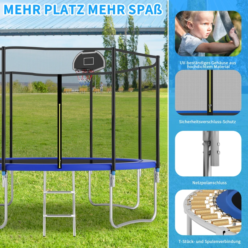 Trampoline d'extérieur, traverses de pieds renforcées, filet de sécurité doublement rembourré, 366x366x256 cm, Bleu