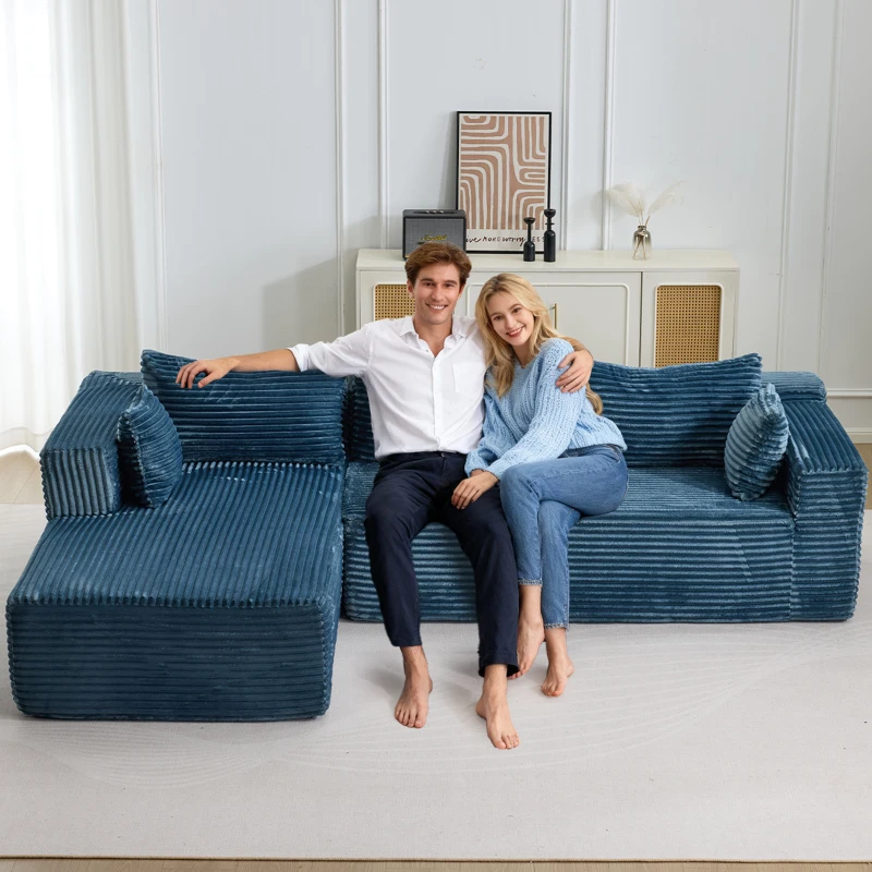 Canapé d'angle modulable en L avec méridienne, gain de place, design minimaliste, assise profonde, 279x179x83 cm, Bleu