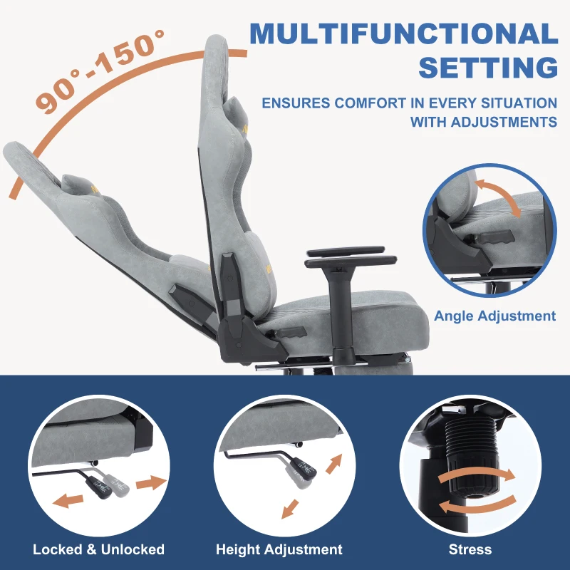 Fauteuil gamer ergonomique, entièrement rembourré, respirant, infroissable et durable, 70x70x131 cm, Gris