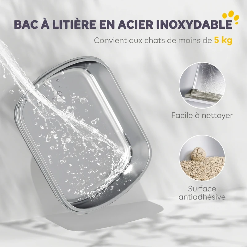 PawHut Bac à Litière Fermé en Inox, Couvercle Amovible, Entrée Frontale et Sortie Supérieure, Pelle, 52,4x41,3x39,8cm, Blanc